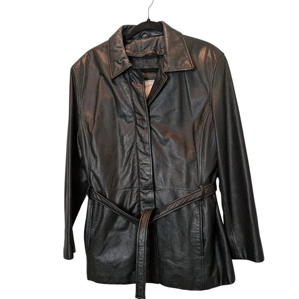 Vintage Jacqueline Ferrar Women's Sz XL Black Leather Trench Coat Zip Out Lining